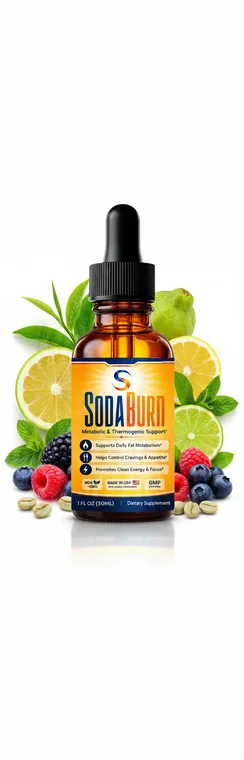 SodaBurn weight-loss dropper bottle surrounded by green coffee beans, citrus, berries and green tea leaves
